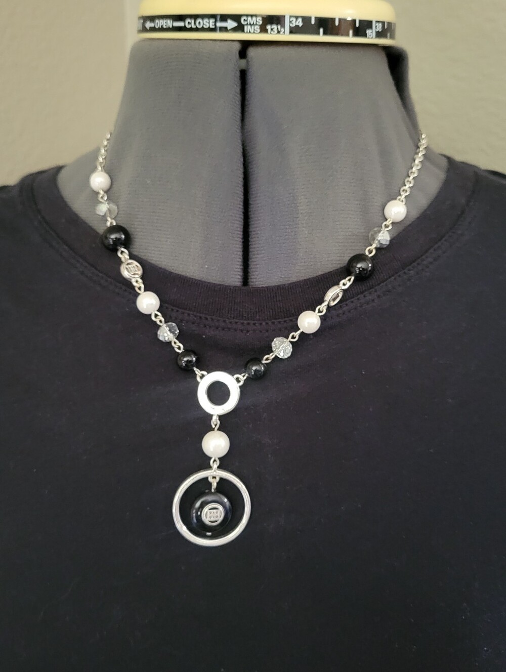 Dana Buchman Geometric Monochrome Y Drop Necklace Silver Tone Logo Black White